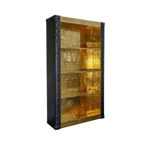 Piper Aztec Polished Brass and Black Leather Bookshelf