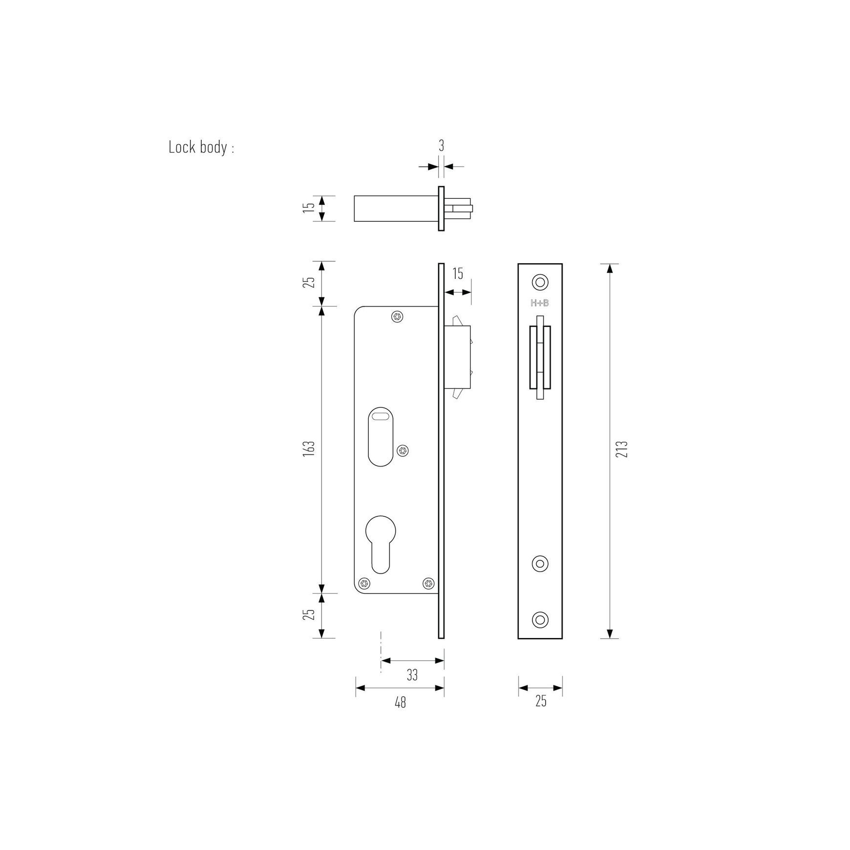 HB640 Series Narrow Sliding Door Lock – 33mm Backset dimensions