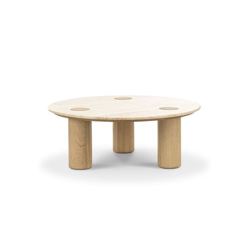 Ayra 100cm Round Travertine Coffee Table | Cream & Natural Oak