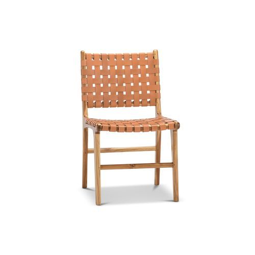 Lazie Leather Strapping Dining Chair | Set of 2 | Teak & Natural Tan