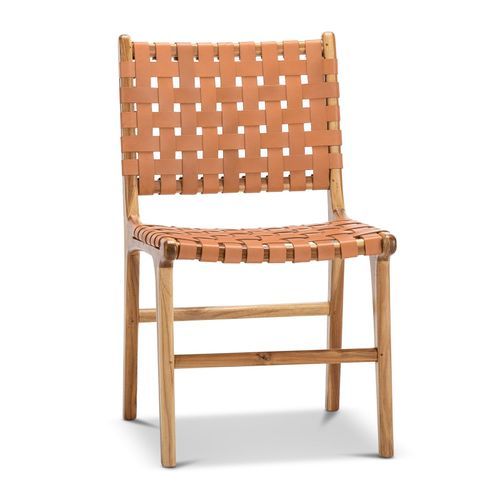 Lazie Leather Strapping Dining Chair | Set of 2 | Teak & Natural Tan