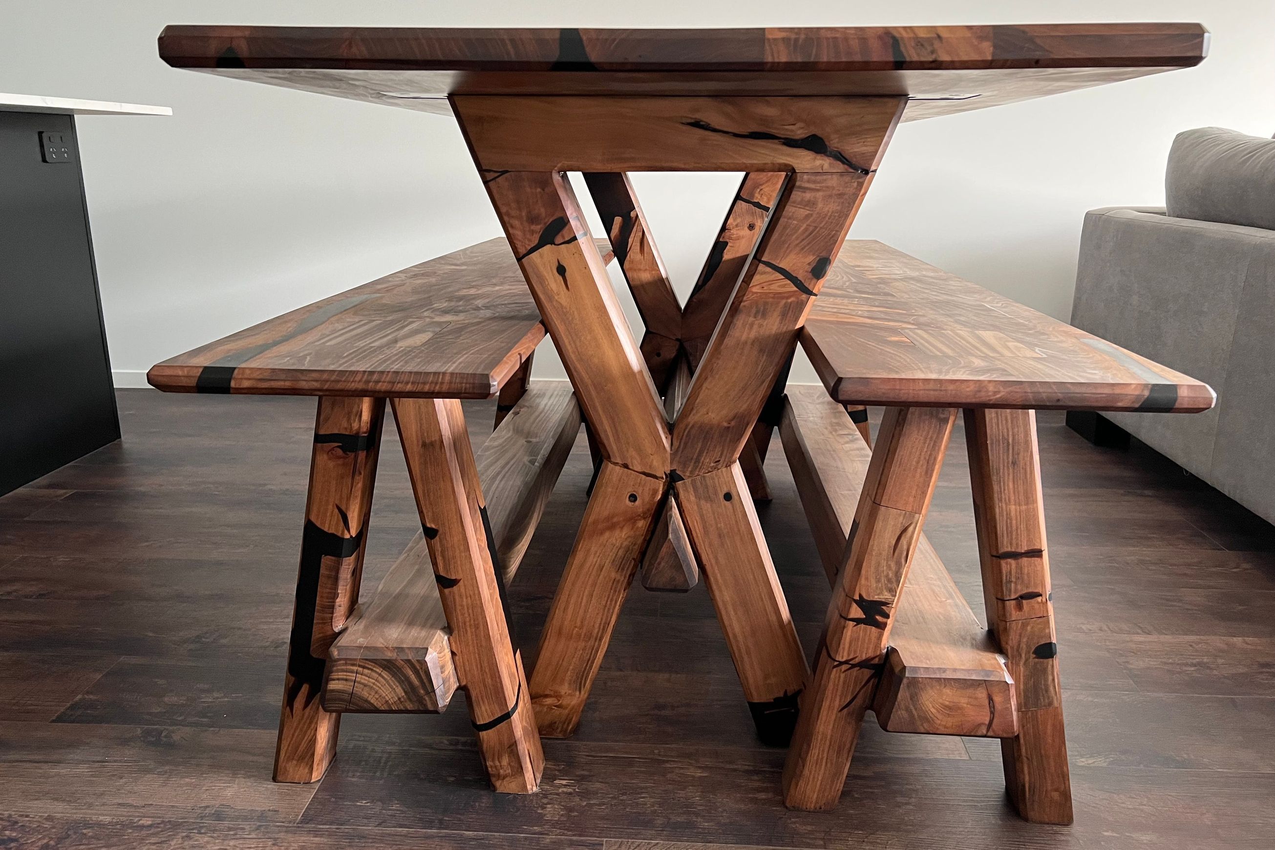 Bespoke Dining Table & Benches — Reclaimed Macrocarpa