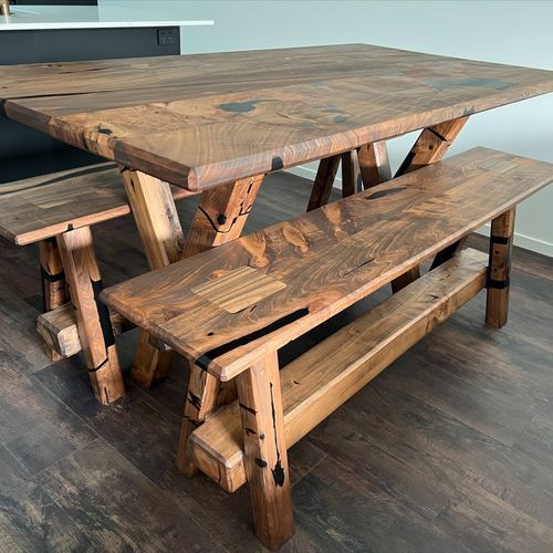 Bespoke Dining Table & Benches — Reclaimed Macrocarpa