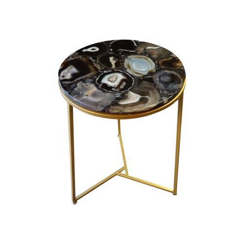 Sudoku Black Monochrome Agate Side Table with Matte Gold Frame