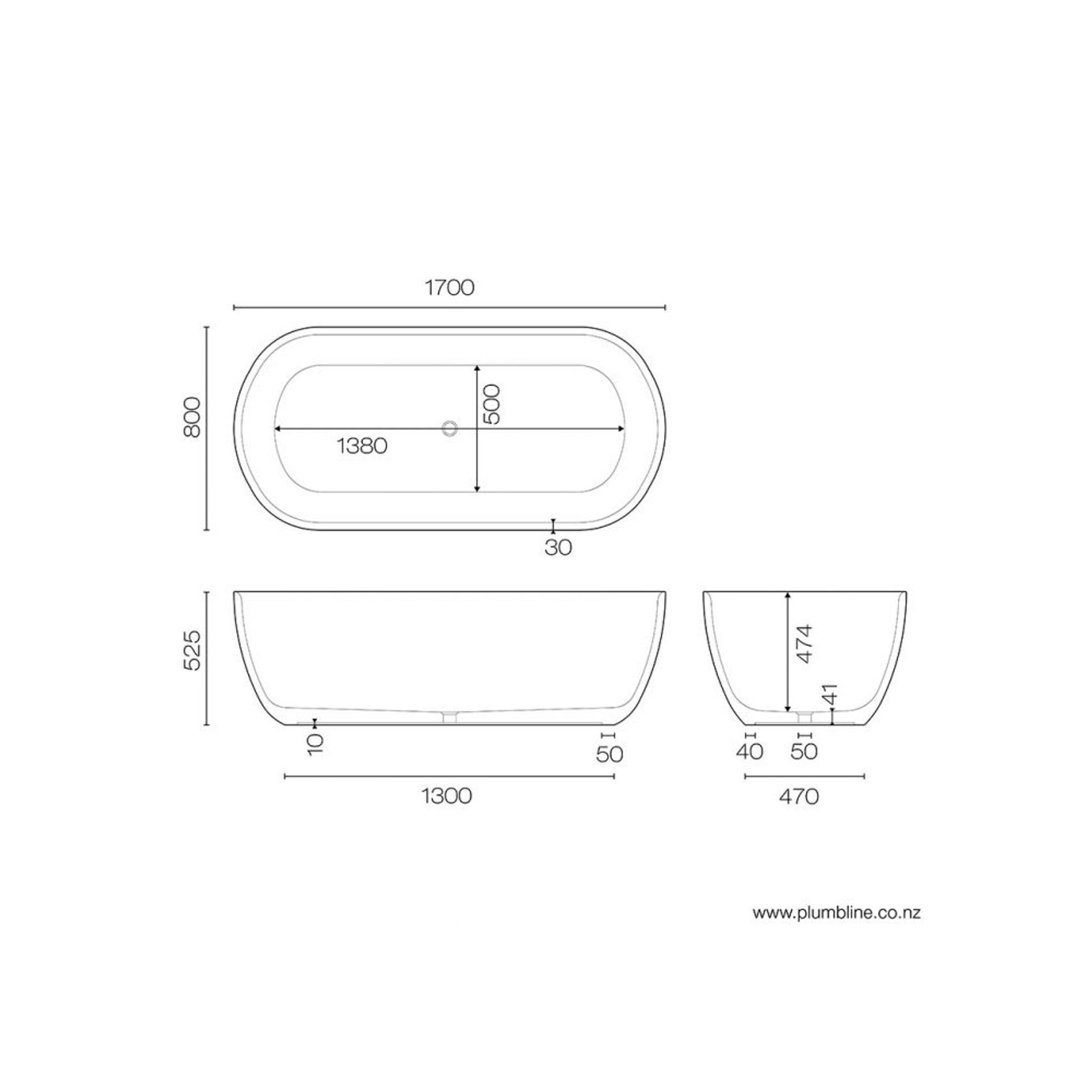 Vela 1700 Freestanding Bath dimensions