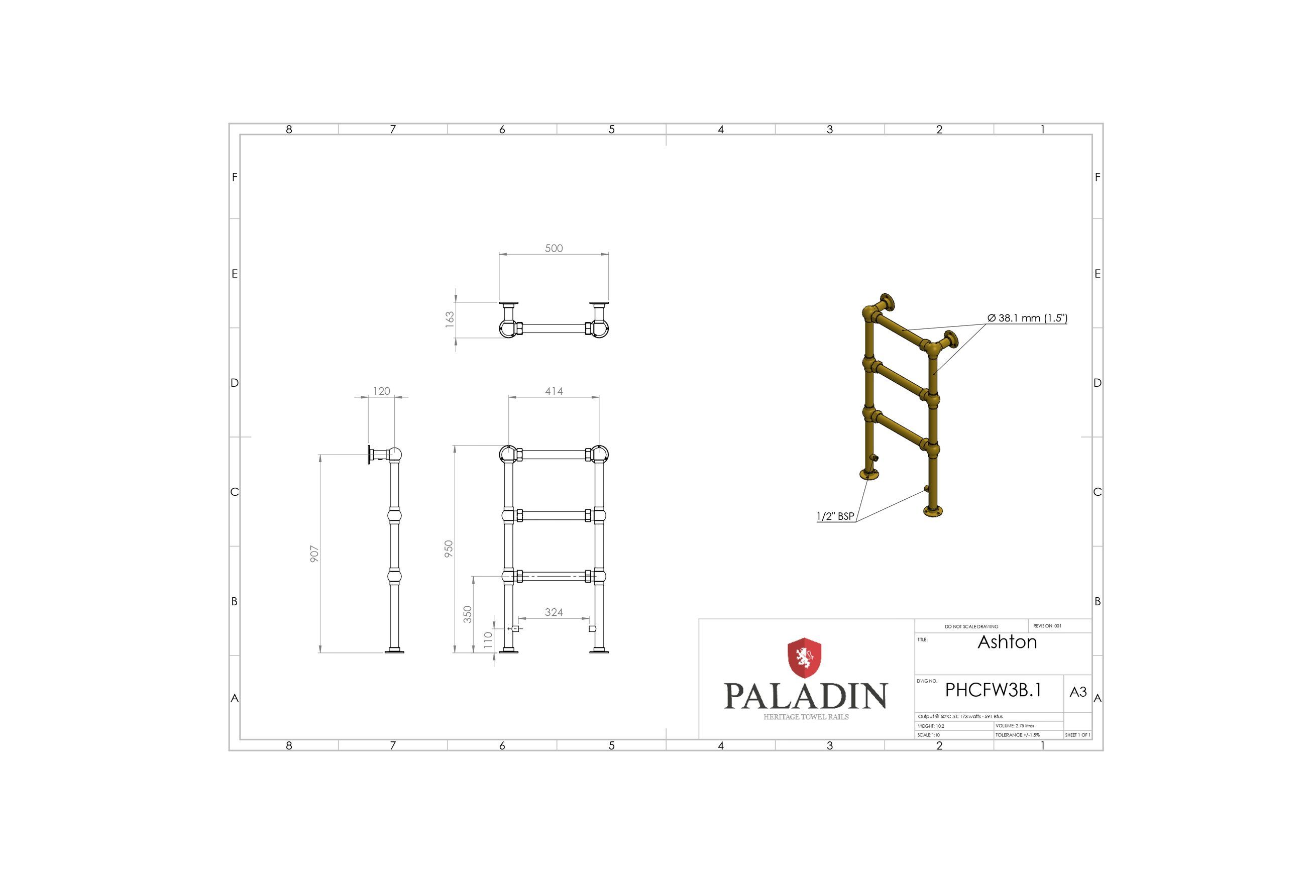 Paladin 3 Bar Ashton Towel Rail (Antique Bronze) dimensions
