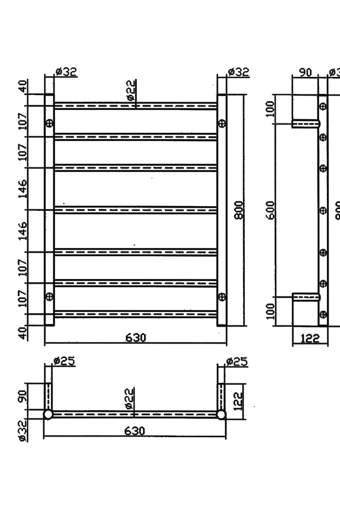 Calora Heated Towel Rail Ladder 7 Bar 630x122x800mm