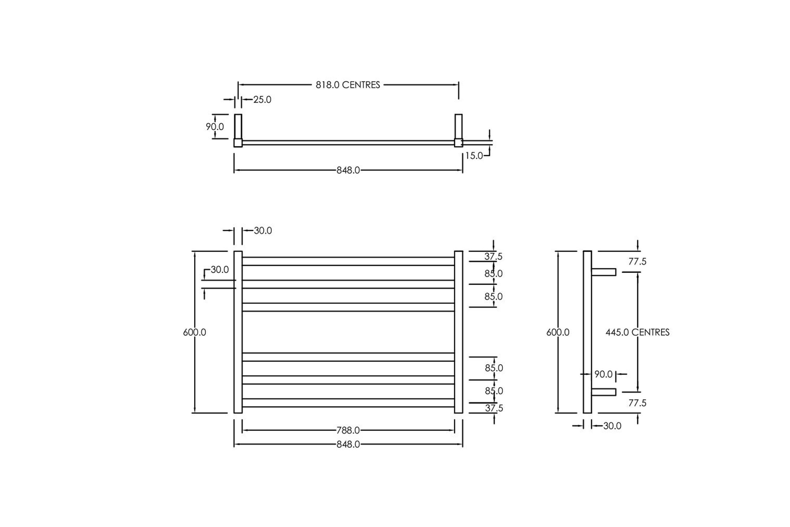 Square Towel Rail 240V 600 x 850mm Satin Black