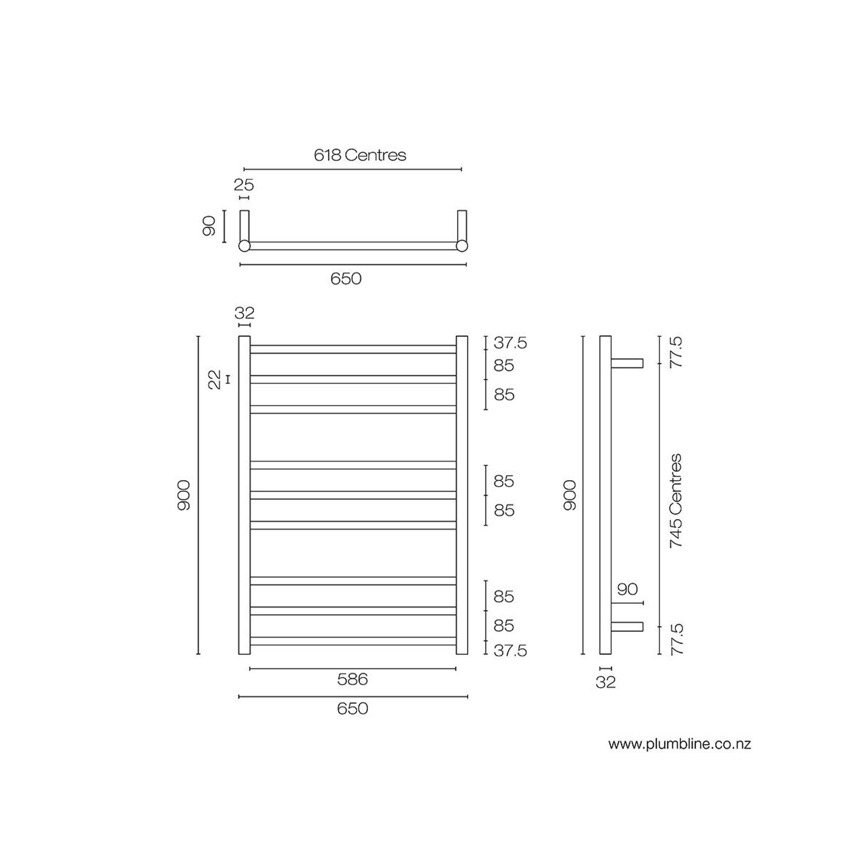 Tube 9 Bar Heated Towel Ladder 90 X 65cm