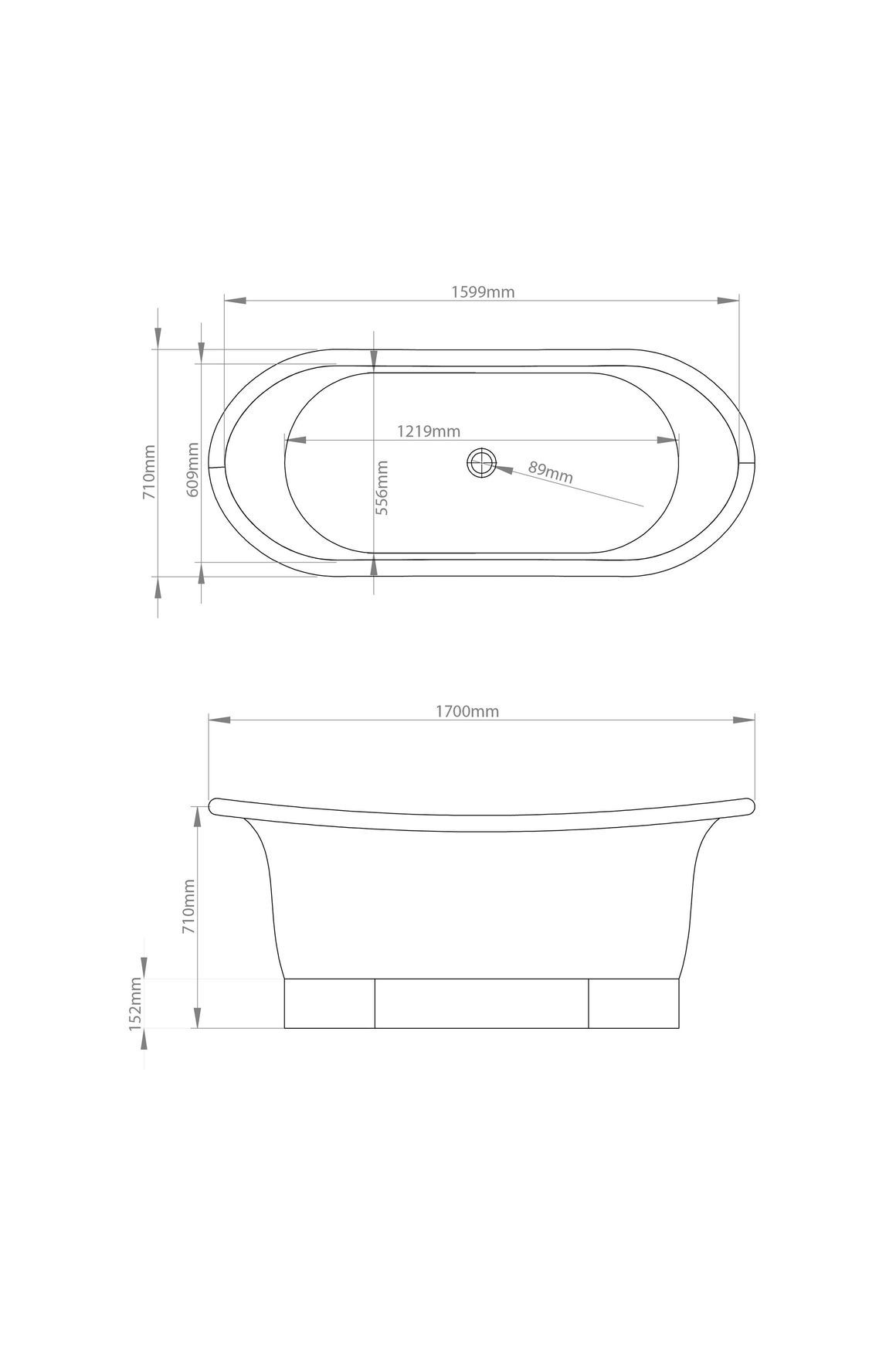 The Copper Bath Tub - Shanti Copper Double Slipper Smooth 1700mm - CB5017-D67 dimensions