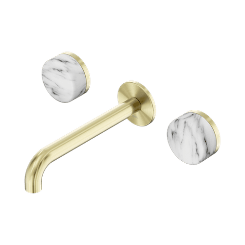Serenity Wall Basin Set 160mm Spout With Arabescato Corchia Handle Brushed Gold
