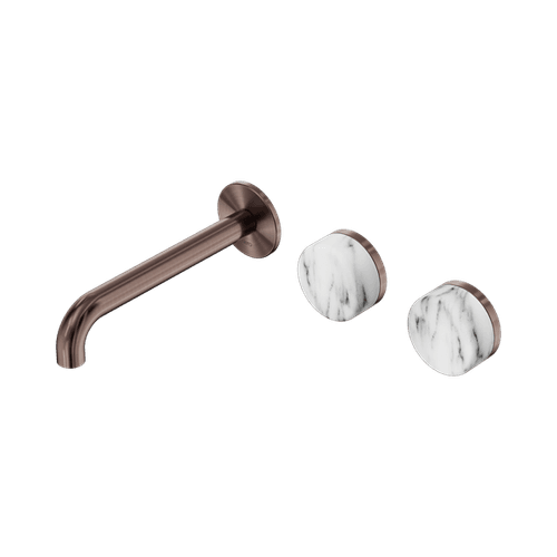 Serenity Wall Basin Set 220mm Offset Spout With Arabescato Corchia Handle Brushed Bronze