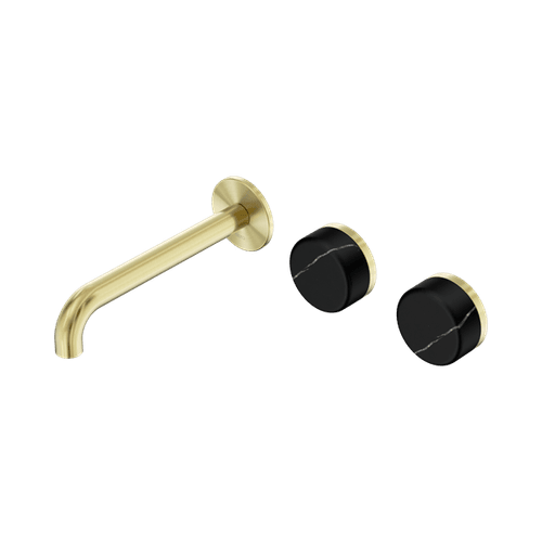 Serenity Wall Basin Set 220mm Offset Spout With Marquina Black Handle Brushed Gold