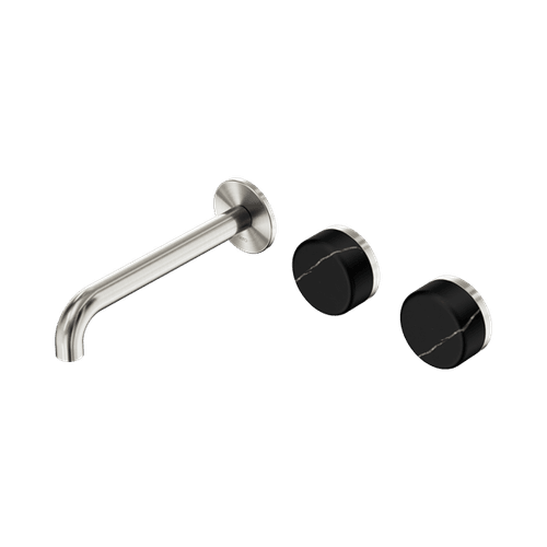 Serenity Wall Basin Set 220mm Offset Spout With Marquina Black Handle Brushed Nickel