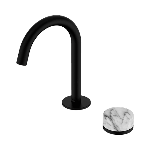 Serenity Basin Mixer Arc Spout Arabescato Corchia Handle Matte Black