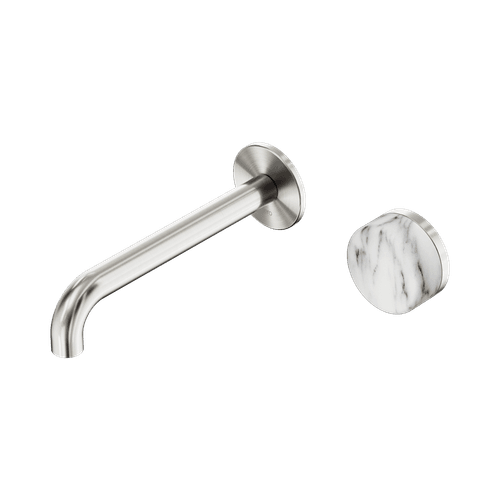 Serenity Wall Basin Mixer 220mm Spout Arabescato Corchia Handle Brushed Nickel