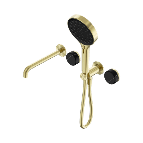 Serenity Shower System Spout Marquina Black Handle And Serenity Hand Shower Brushed Gold
