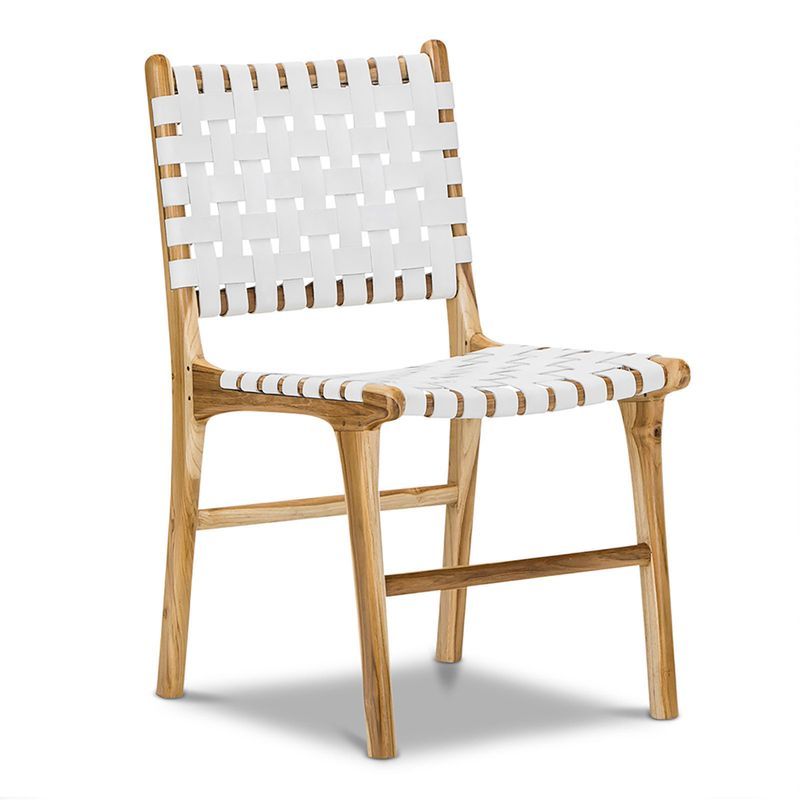 Lazie Leather Strapping Dining Chair | Set of 2 | Teak & White