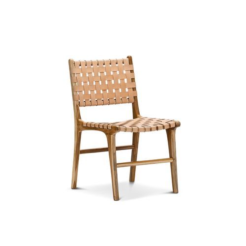 Lazie Leather Strapping Dining Chair | Set of 2 | Teak & Natural Tan