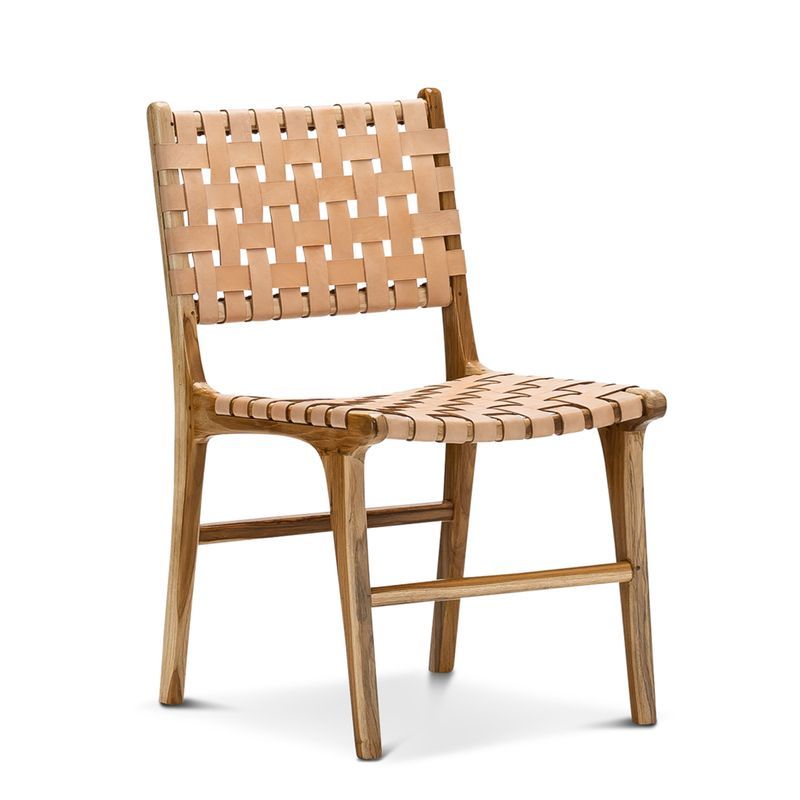 Lazie Leather Strapping Dining Chair | Set of 2 | Teak & Natural Tan