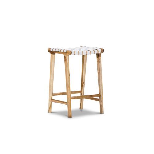 Lazie Leather Strapping Bar Stool | 66cm | Teak & White
