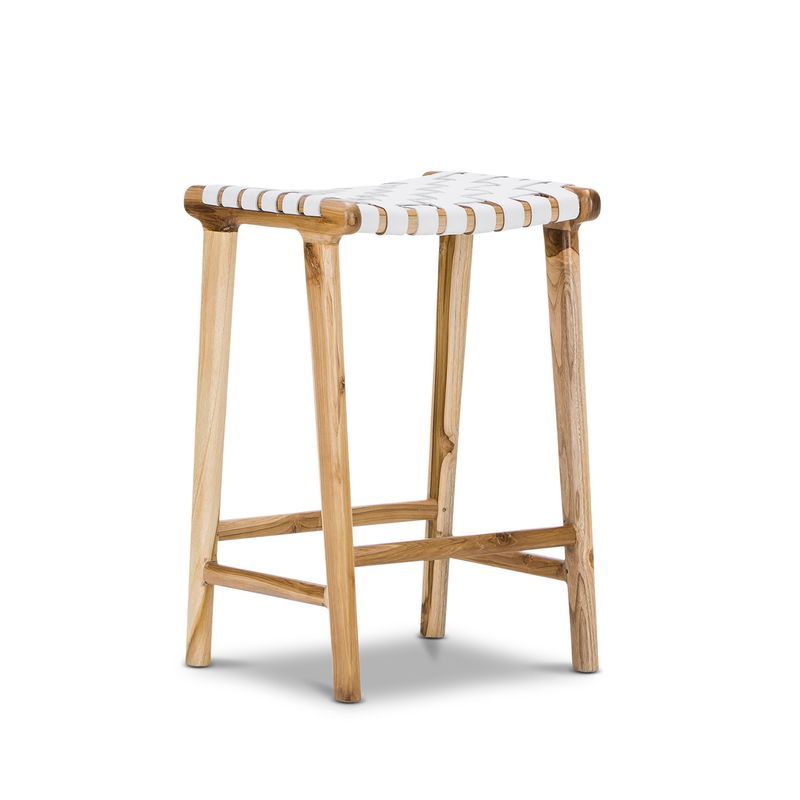 Lazie Leather Strapping Bar Stool | 66cm | Teak & White