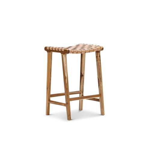 Lazie Leather Strapping Bar Stool | 66cm | Teak & Natural Tan