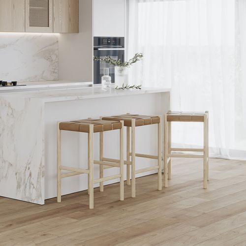 Wes Wide Leather Strap Barstool | 65cm | Taupe
