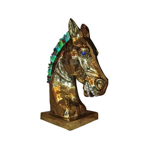 Calu Brass Horse Sculpture with Crystal and Quartz Stone