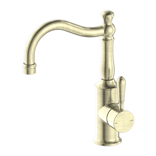 York Basin Mixer Hook Spout With Metal Lever Aged Brass