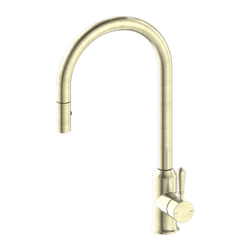 York Pull Out Sink Mixer With Vegie Spray Function With Metal Lever Aged Brass