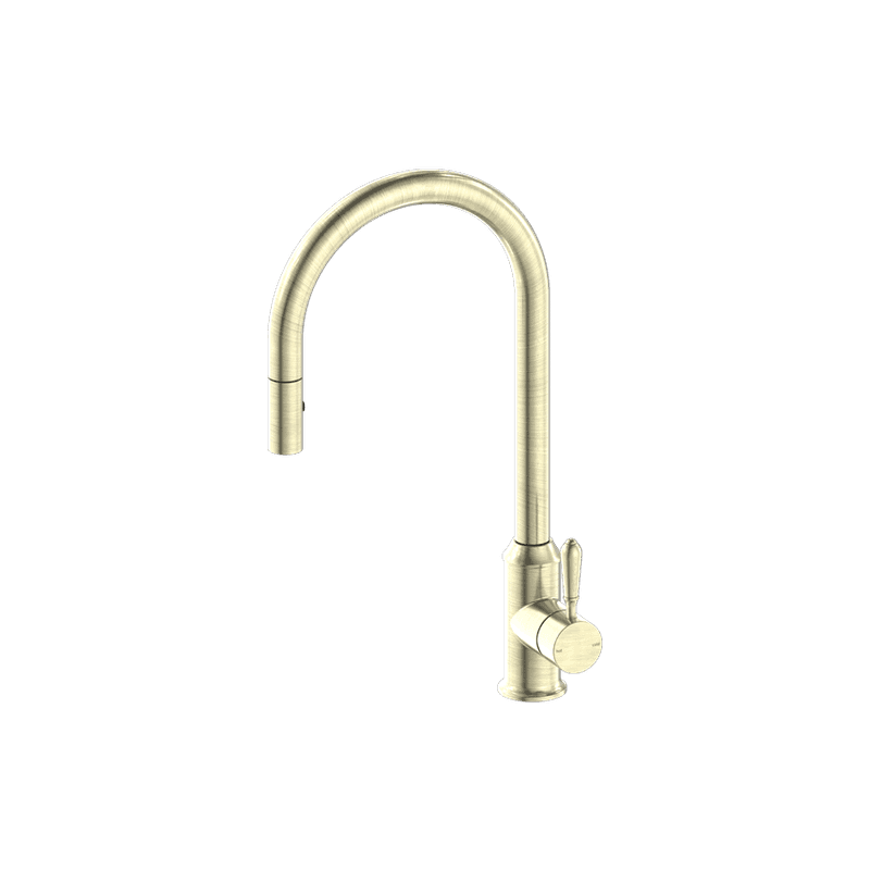 York Pull Out Sink Mixer With Vegie Spray Function With Metal Lever Aged Brass