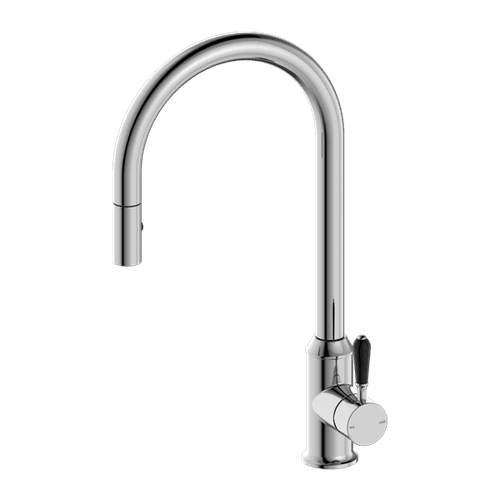 York Pull Out Sink Mixer With Vegie Spray Function With Black Porcelain Lever Chrome