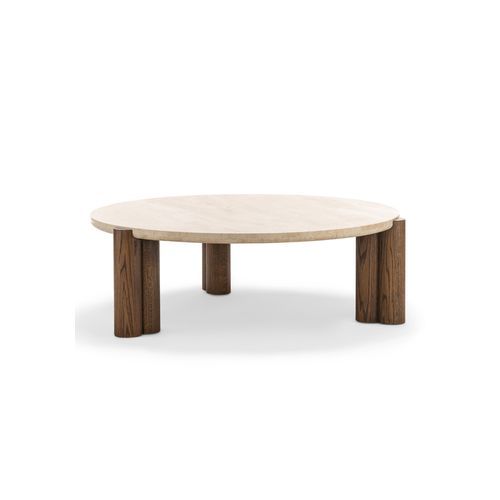 Amaya 110cm Round Travertine Coffee Table | Cream & Brown Oak