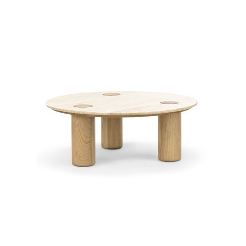 Ayra 100cm Round Travertine Coffee Table | Cream & Natural Oak