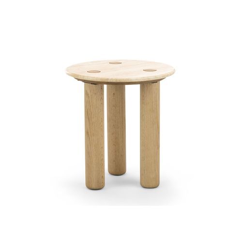 Ayra 45cm Round Travertine Side Table | Cream & Natural Oak