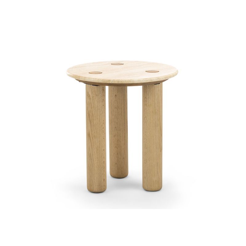 Ayra 45cm Round Travertine Side Table | Cream & Natural Oak