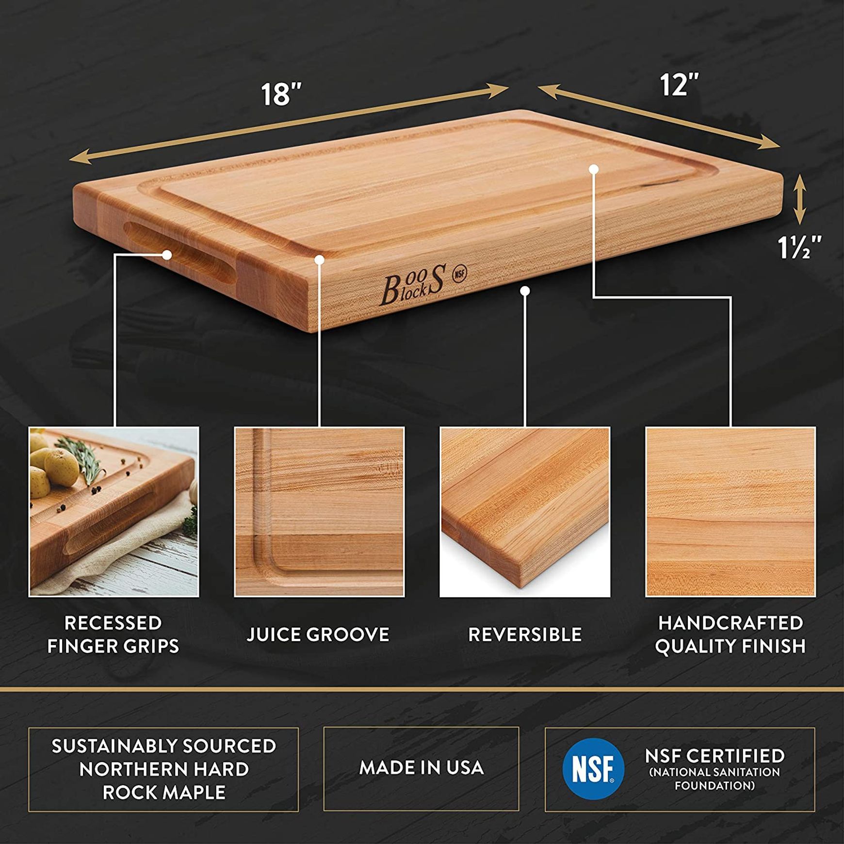 Boos Block Reversible Maple Wood Edge Grain Bbq Cutting Board With Juice Groove - 46cm X 31cm