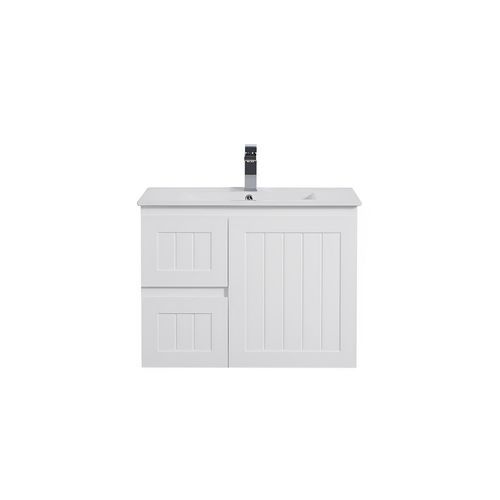 Poseidon Acacia Shaker Matte White 750mm Single Bowl Wall Hung Vanity (Available In Left And Right Hand Drawer)