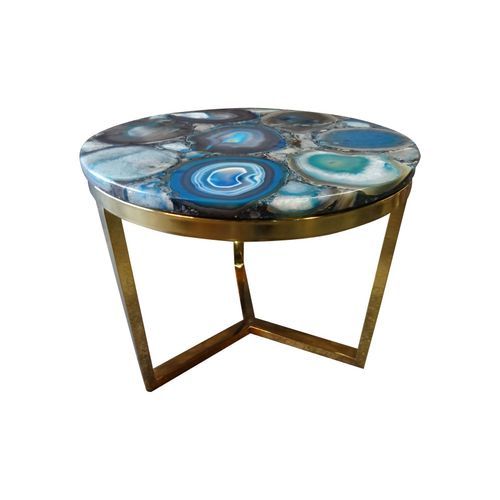 Azzure Teal Blue Agate Nestling Table with Gold Metal Frame