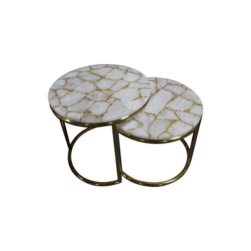 Infinity White Quartz and Gold Leaf Nestling Table Set with Gold Metal Frame