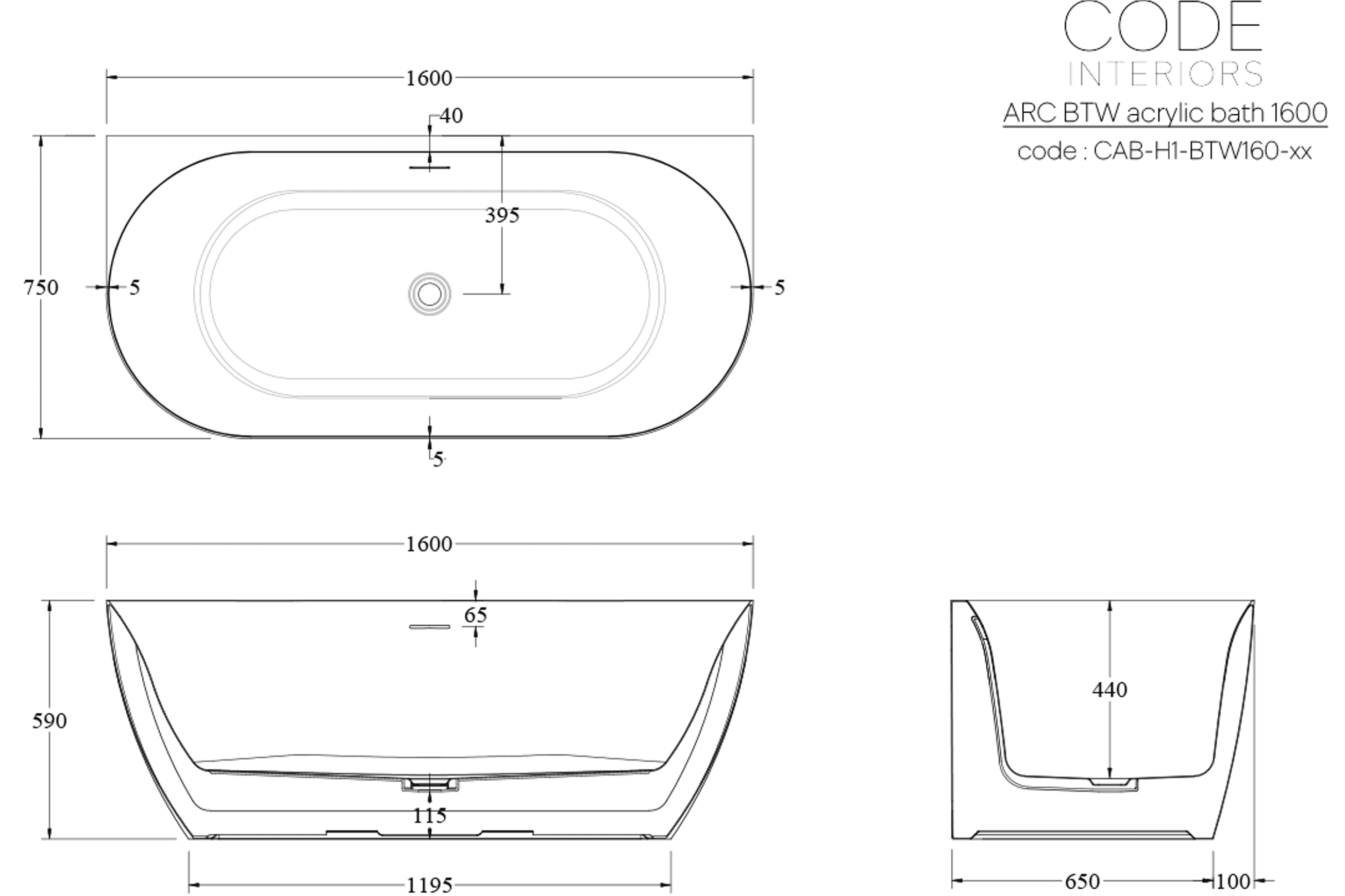 Endura Acrylic Arc 1600 Back to Wall Bath