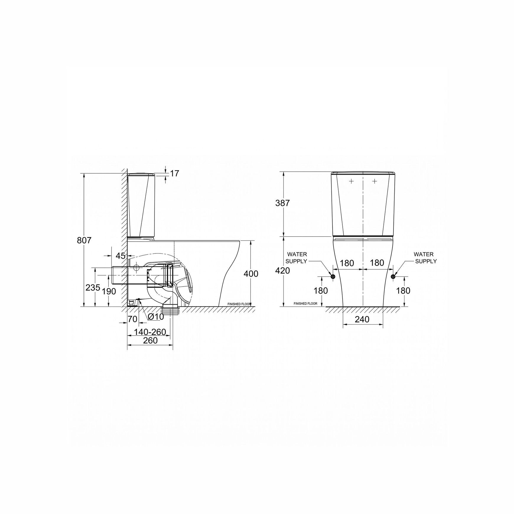 Cygnet Hygiene Rim Square CCBTW - Bottom Inlet dimensions