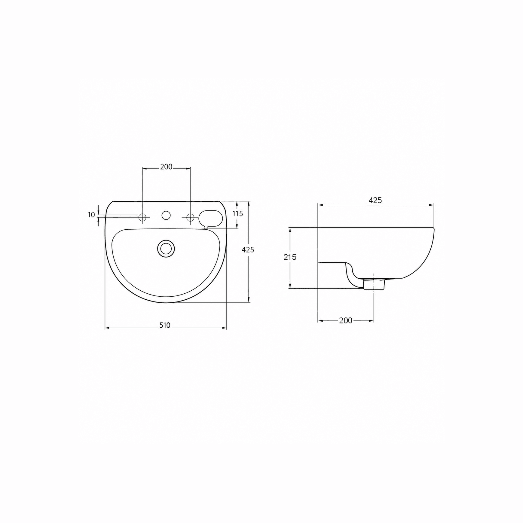 Studio 500 Wall Basin - 1 Tap Hole - Overflow - Inc Fixing Kit