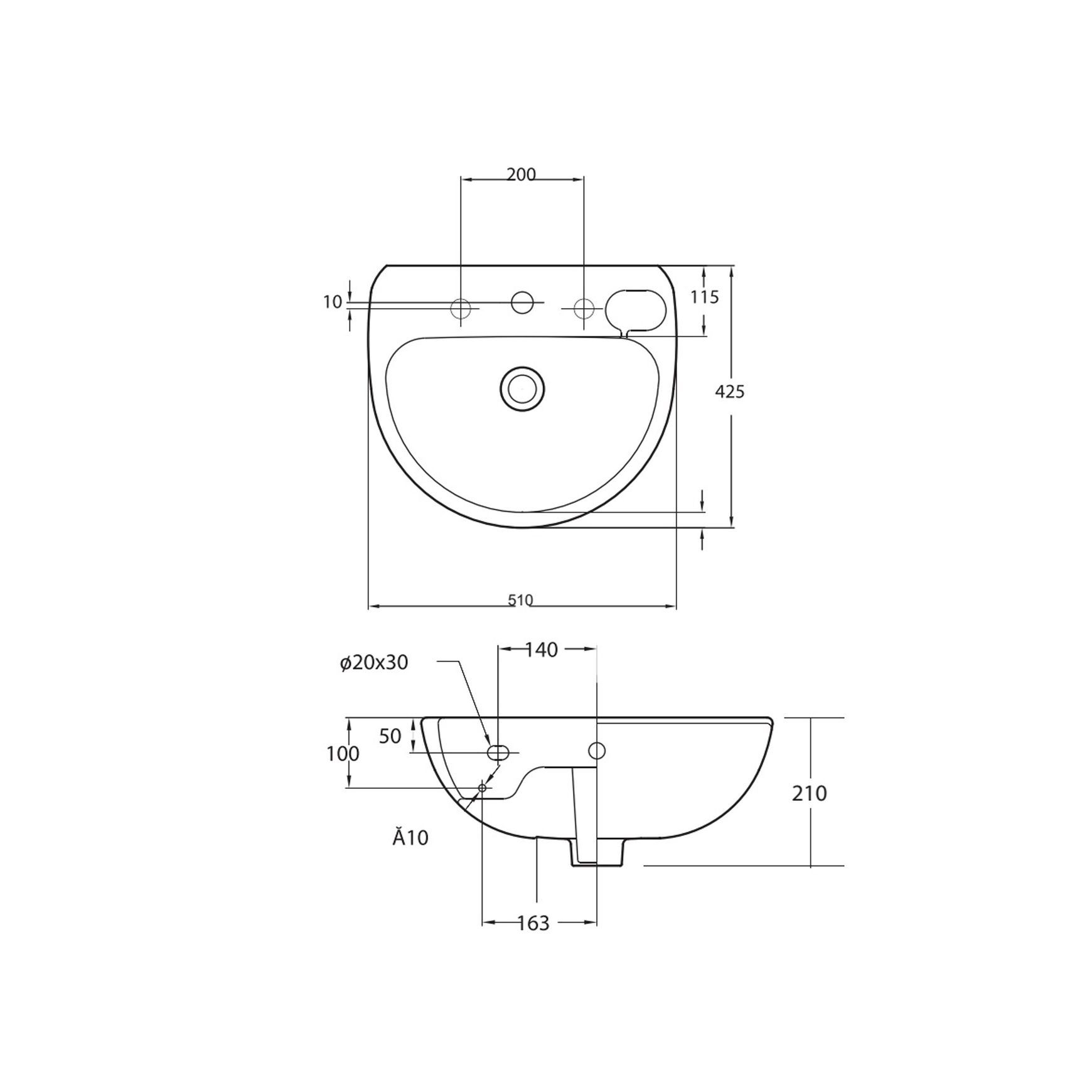 Studio 500 Wall Basin - 3 Tap Hole - Overflow - Inc Fixing Kit