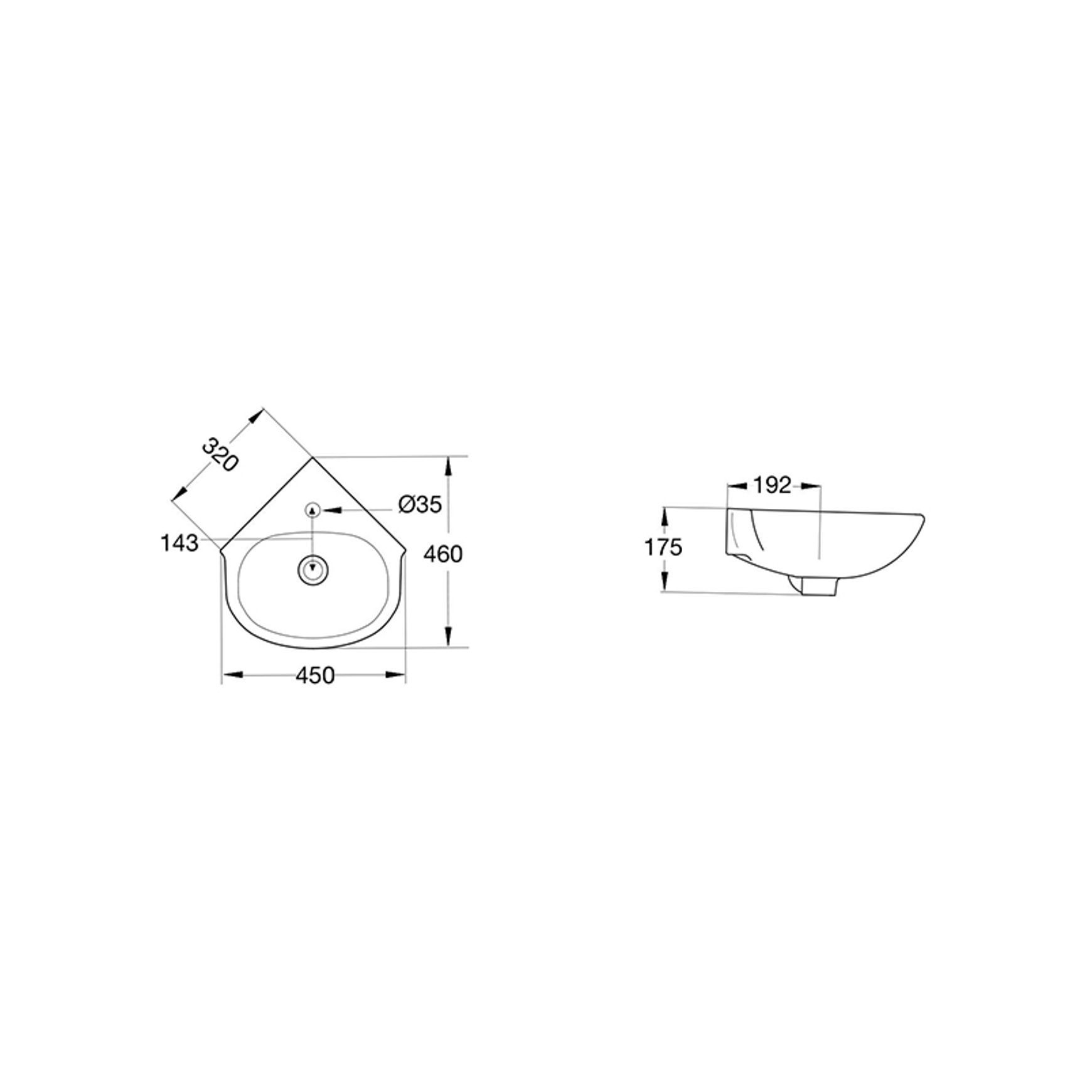 Studio 450 Corner Wall Basin - 1 Tap Hole Overflow - Inc Fixing Kit