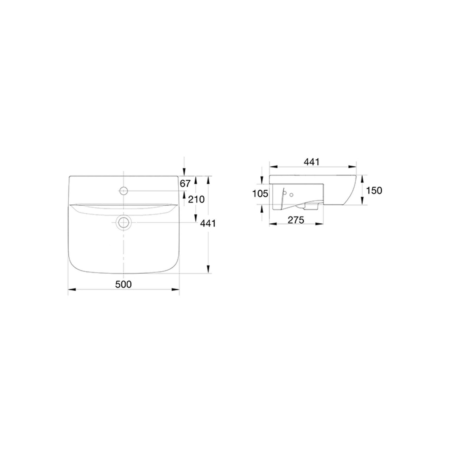 Cygnet 500 Semi Recessed Basin - No Taphole - Overflow dimensions