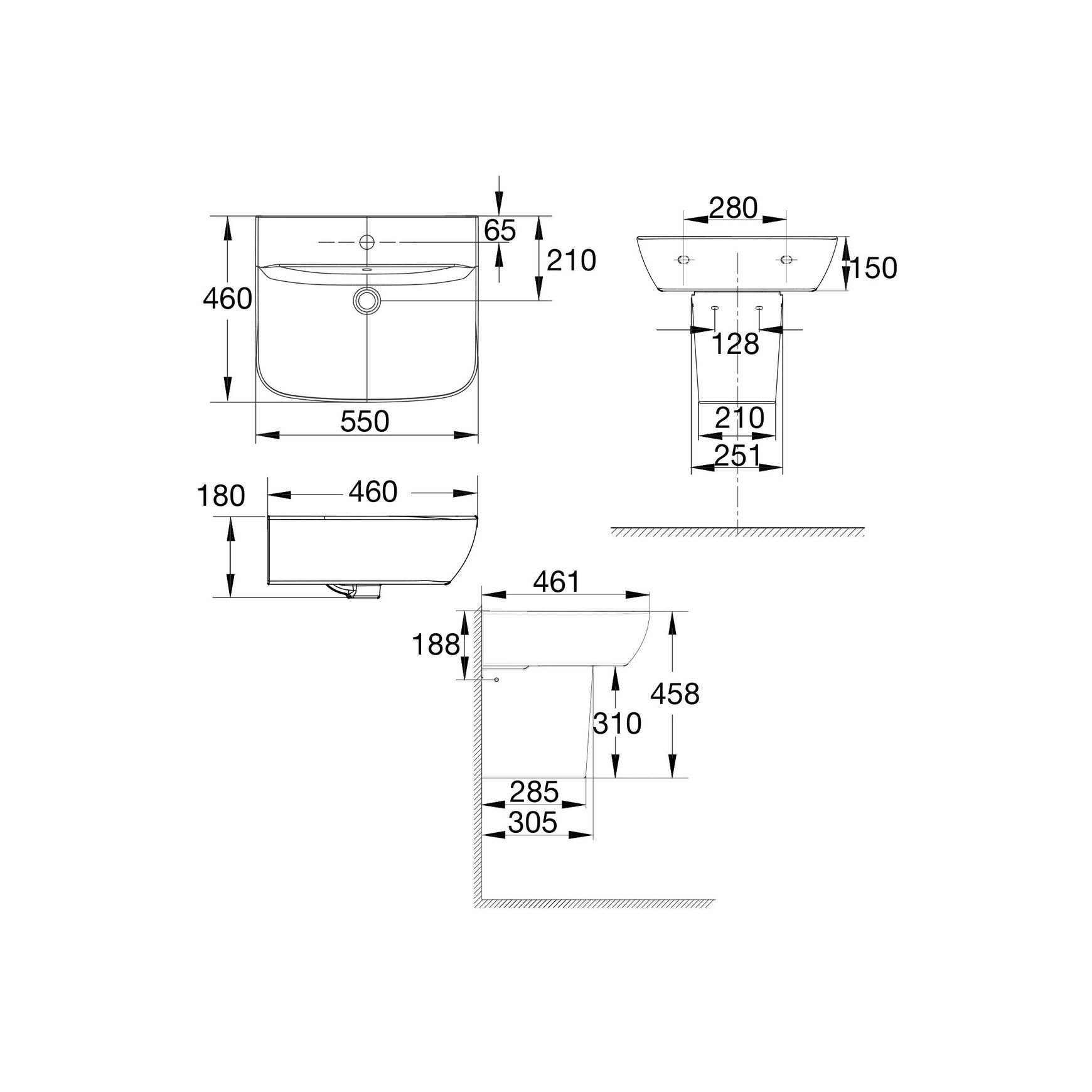 Cygnet 550 Wall Basin - 1 Taphole - Overflow - Inc Fixing Kit