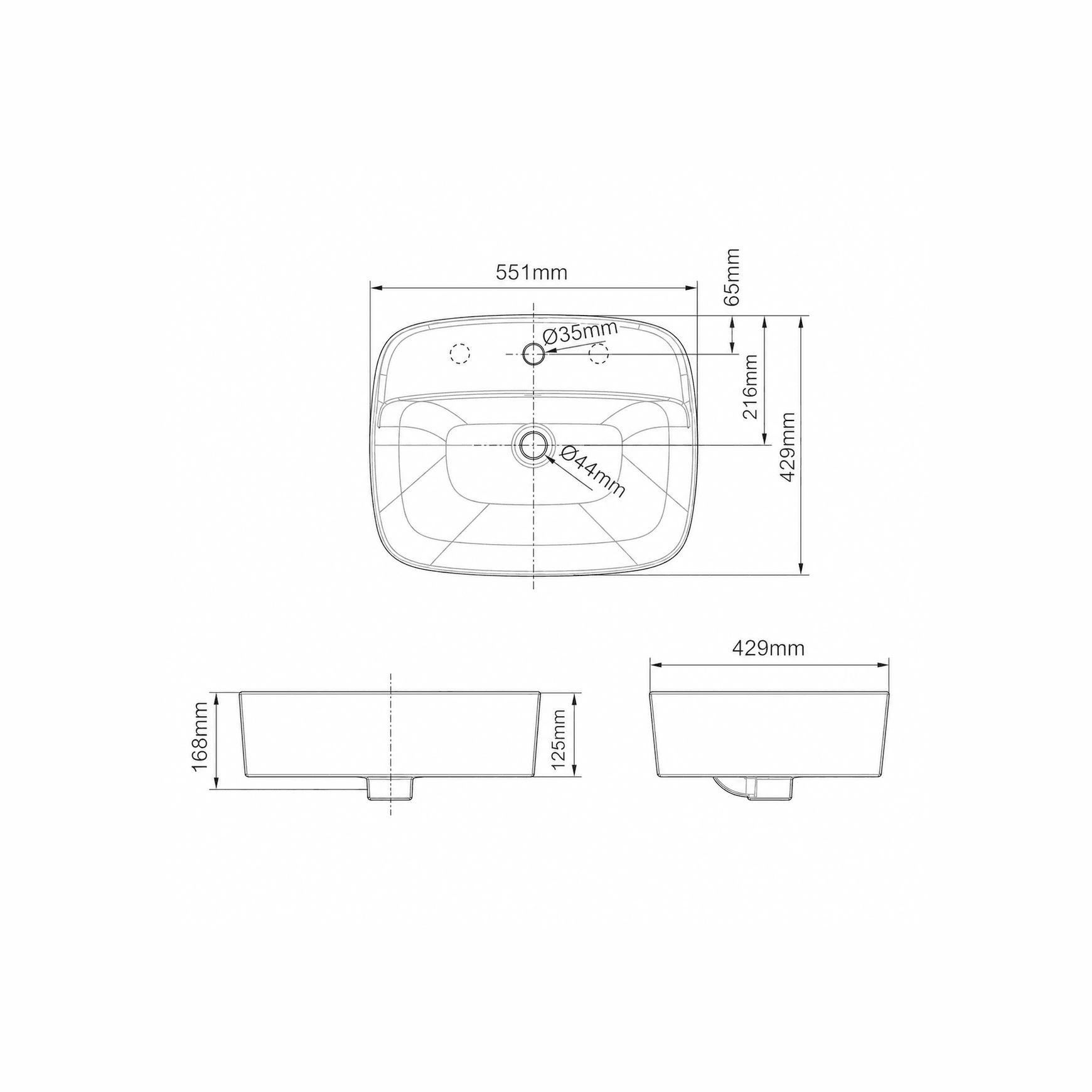 Signature 550 Counter Top Basin - 3 Tap Hole - Overflow