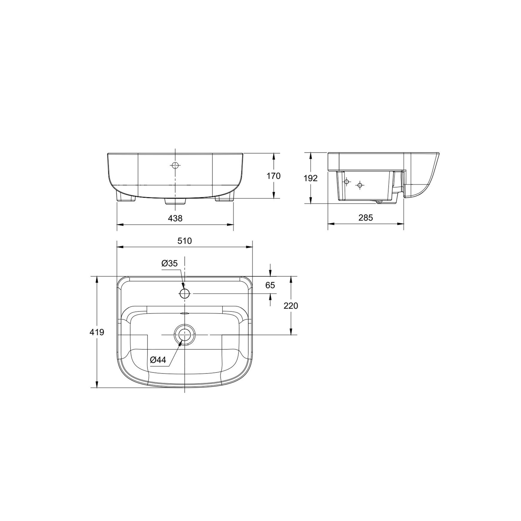 Loven 510 Semi-Recessed Basin - 1 Tap Hole - Overflow dimensions